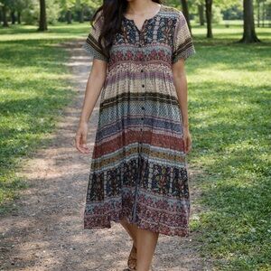 Bohemian Multicolor Maxi Dress Made in India 100% Cotton Size L
